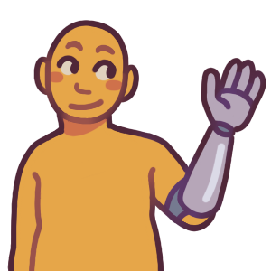 Someone waving. Their prosthetic arm starts just below the elbow.